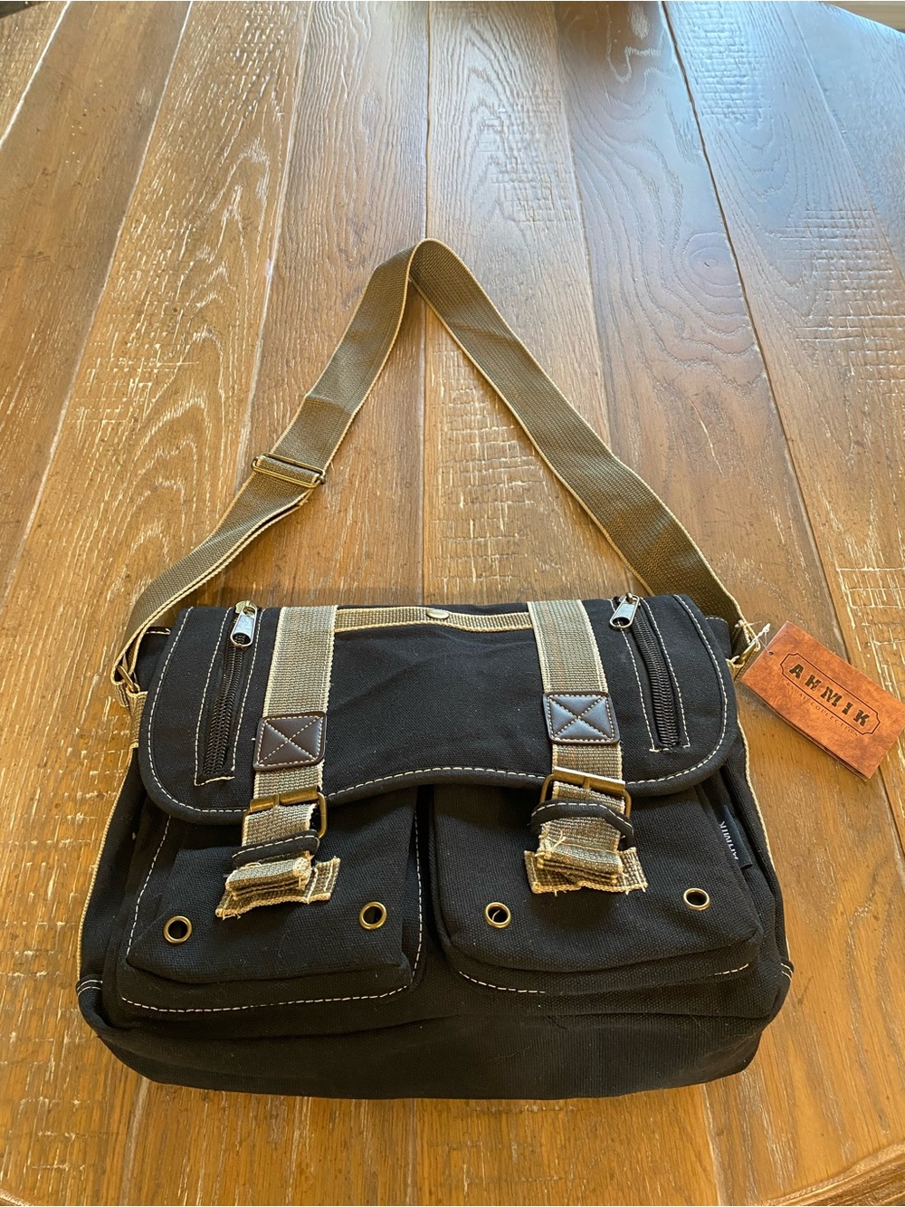 AHMIK Messenger Bag - beautiful black and tan canvas bag.  NWT